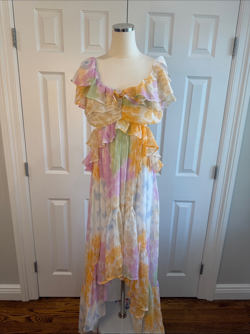 ASOS DESIGN Ruffle Cut-Out High-Low Maxi Dress Pastel Abstract Floral Size 12